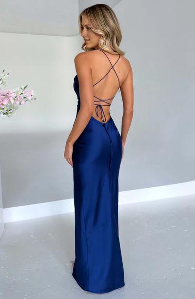 Sexy Navy Spaghetti Strap Front Split Long Prom Dress